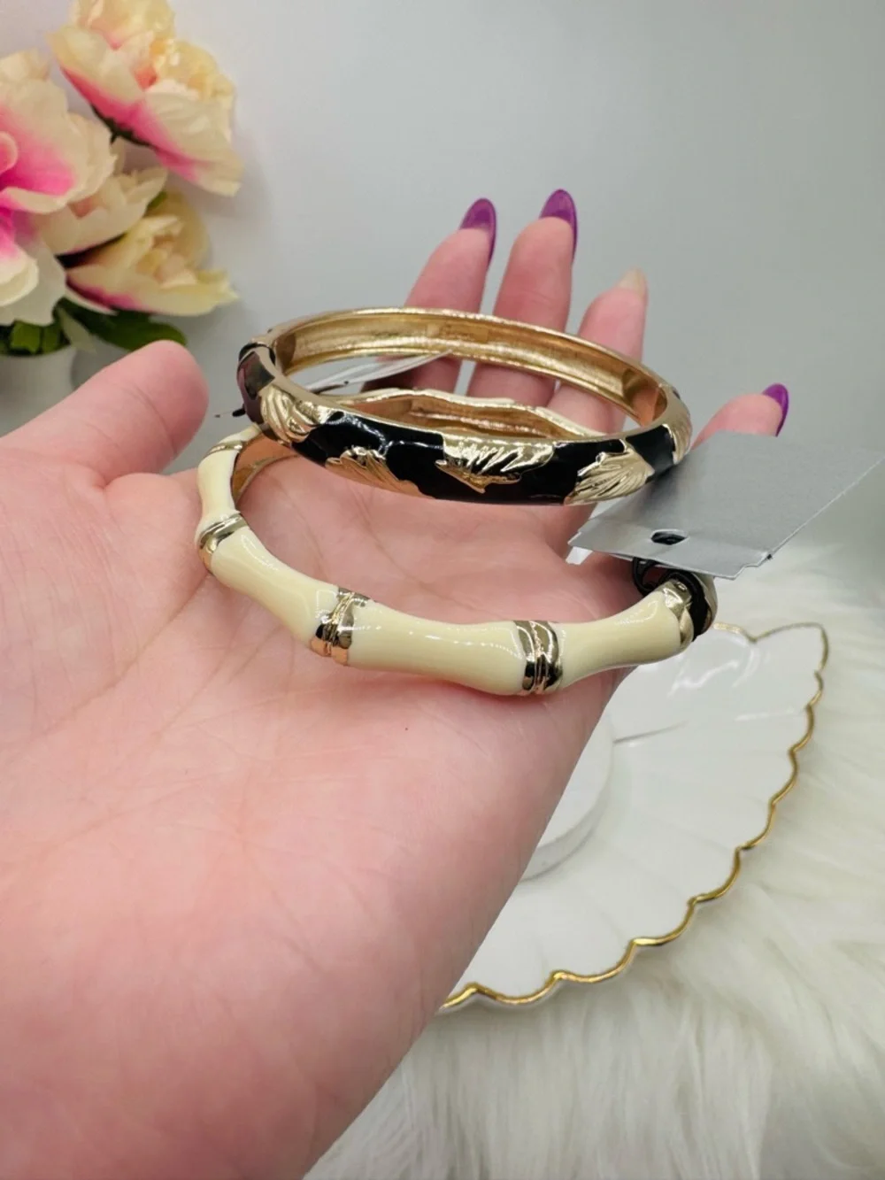 Sequin Set of 2 Gold Tone Enamel Bangles – Black & Ivory